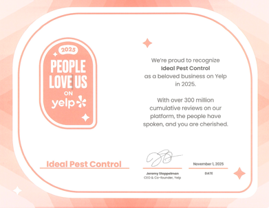 Certificate titled ‘People Love Us on Yelp 2025’ recognizing Ideal Pest Control, signed by Yelp’s CEO.