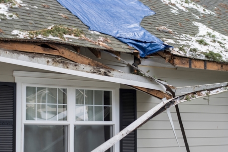 Damaged gutter and roof with tarp on it.